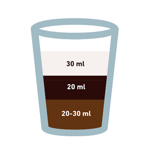 Bicchiere piccolo in vetro da caffetteria stilizzato outline con inserito graficamente la dose giusta per preparare un bicerin: caffè, latte montato e cioccolato