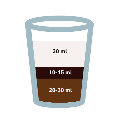 Bicchiere piccolo in vetro da caffetteria stilizzato outline con inserito graficamente la dose giusta per preparare un calabresino: caffè, latte montato e liquirizia