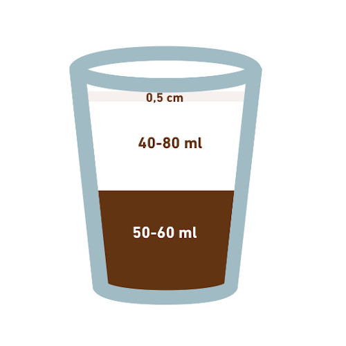 Bicchiere piccolo in vetro da caffetteria stilizzato outline con inserito graficamente la dose giusta per preparare un cortado: caffè e latte montato