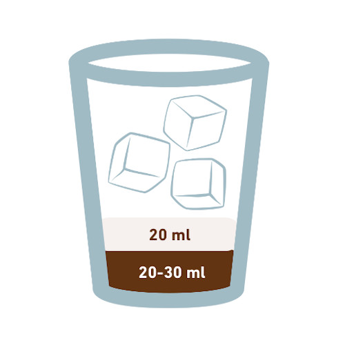 Bicchiere piccolo in vetro da caffetteria stilizzato outline con inserito graficamente la dose giusta per preparare un leccese: caffè, latte di mandorla e ghiaccio