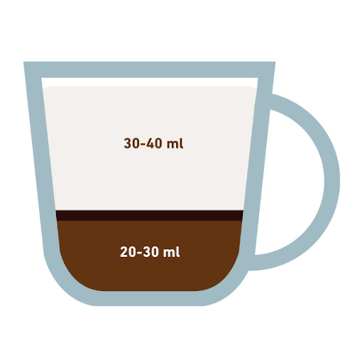 Tazza da caffè espresso stilizzata outline con inserito graficamente la dose giusta di caffè per un marocchino: caffè, latte montato e cacao