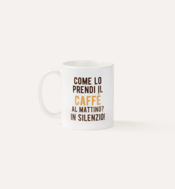 Tazza Ernani bianca con logo e con scritta "Come lo prendi il caffè al mattino? In silenzio!