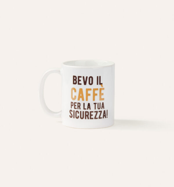 Tazza Ernani con logo e con scritta "Bevo il caffè per la tua sicurezza!"