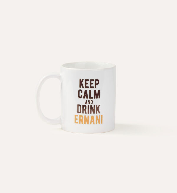 Tazza Ernani bianca con logo e scritta "Keep calm and drink Ernani"