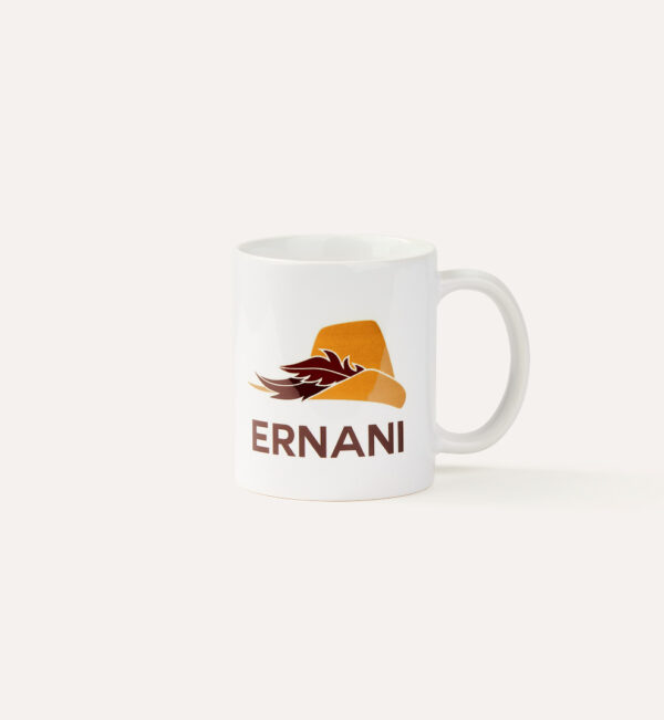 Mug bianca Ernani, con il logo di Caffè Ernani. Questa foto è valida per tutti i retro delle tazze.