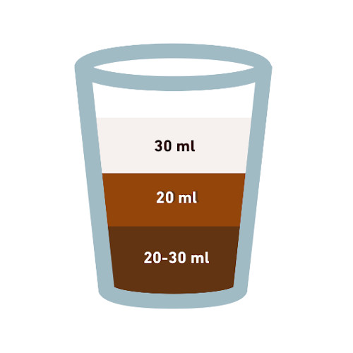 Bicchiere piccolo in vetro da caffetteria stilizzato outline con inserito graficamente la dose giusta per preparare un nocciolino: caffè, latte montato e nocciole