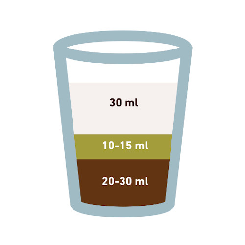 Bicchiere piccolo in vetro da caffetteria stilizzato outline con inserito graficamente la dose giusta per preparare un siculo: caffè, latte montato e pistacchio